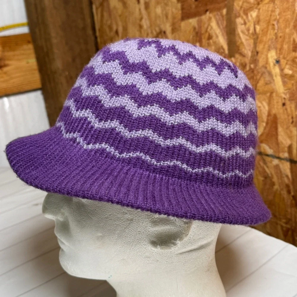 VTG Retro Purple Knit Fedora Hat Chevron Stripe Y2K Hipster Funky Streetwear